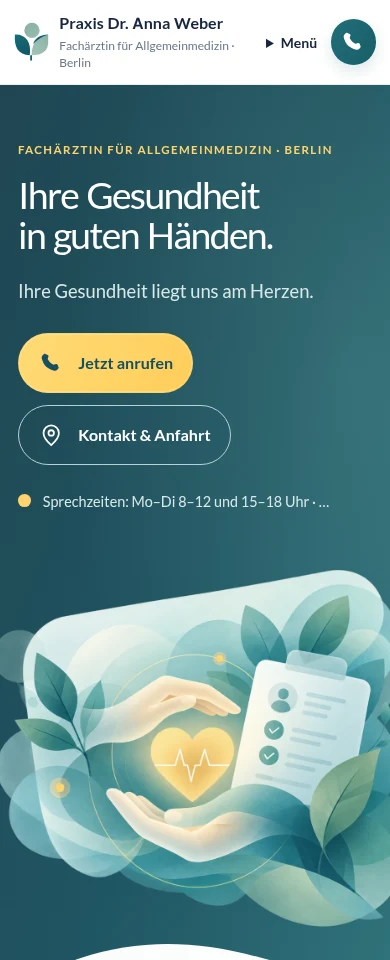 Mobile Ansicht derselben Medavio-Praxiswebsite